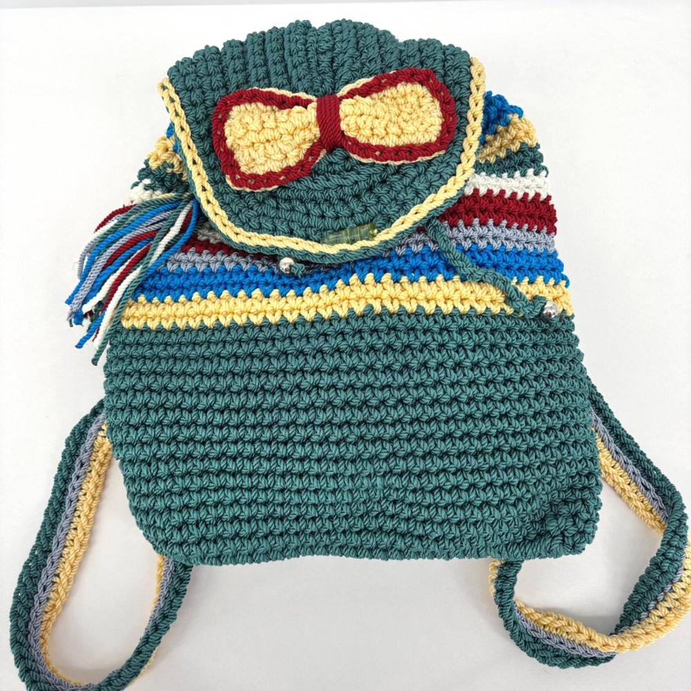 Handmade Crochet Striped Backpack Teal Multi Color Bow Detail Boho Knit Bag